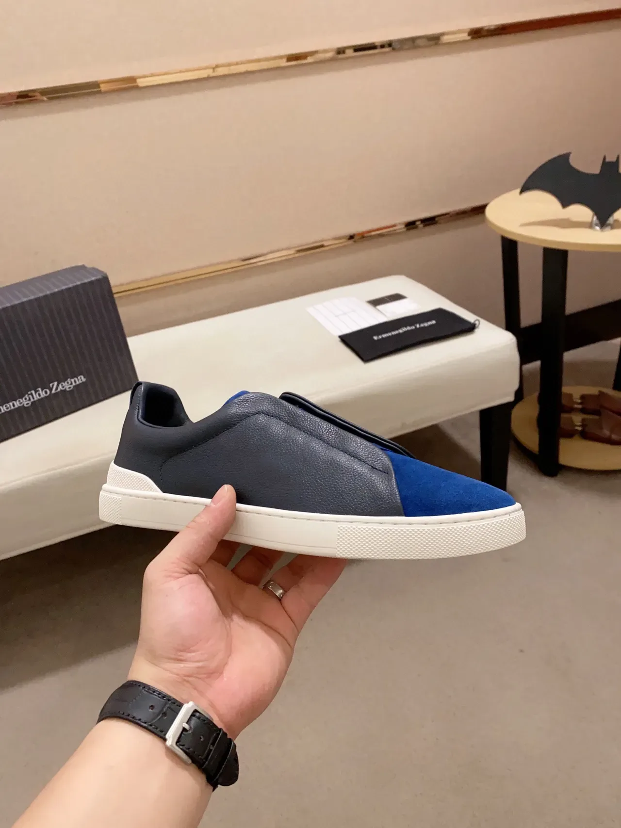 Zegna Zapatillas Slip-On Dos Tonos Navy y Azul Cuero y Ante 8
