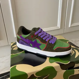A Bathing Ape BAPE STA أخضر عسكري بنفسجي أحذية لايف ستايل جلد مصفف نسيج منخفض الارتفاع