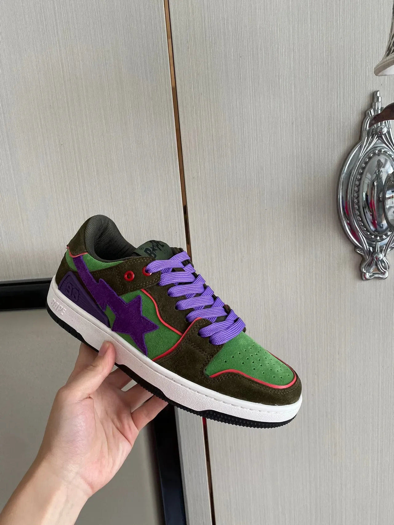 A Bathing Ape BAPE STA أخضر عسكري بنفسجي أحذية لايف ستايل جلد مصفف نسيج منخفض الارتفاع 4