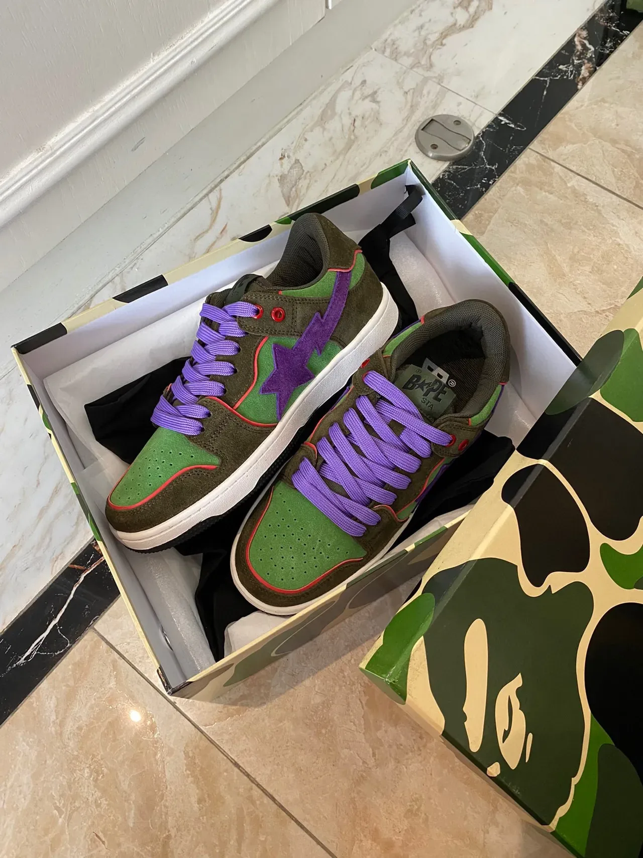 A Bathing Ape BAPE STA أخضر عسكري بنفسجي أحذية لايف ستايل جلد مصفف نسيج منخفض الارتفاع 5
