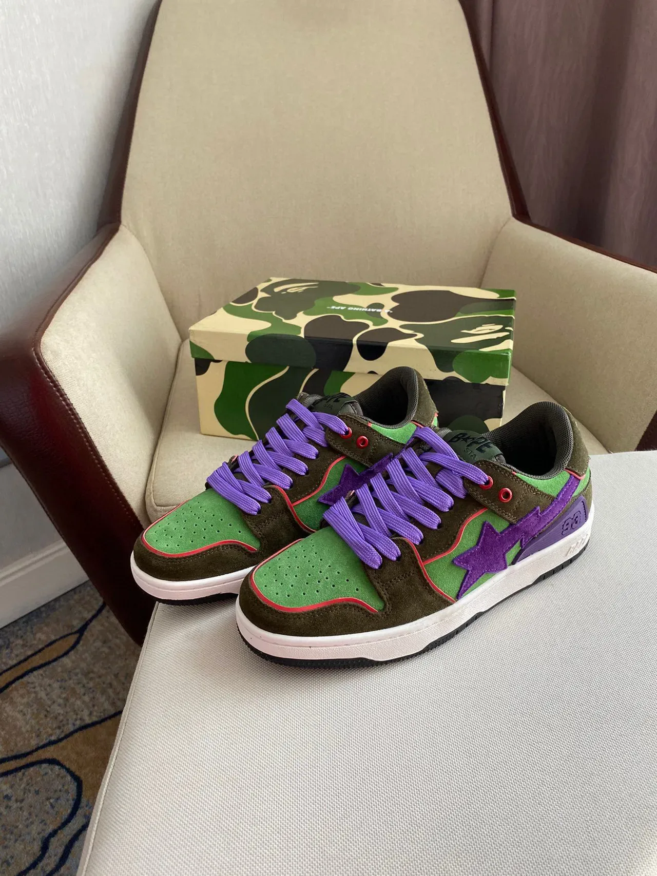 A Bathing Ape BAPE STA أخضر عسكري بنفسجي أحذية لايف ستايل جلد مصفف نسيج منخفض الارتفاع 6