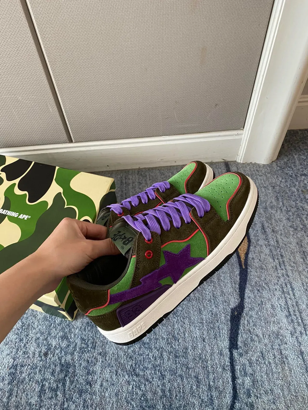 A Bathing Ape BAPE STA أخضر عسكري بنفسجي أحذية لايف ستايل جلد مصفف نسيج منخفض الارتفاع 7