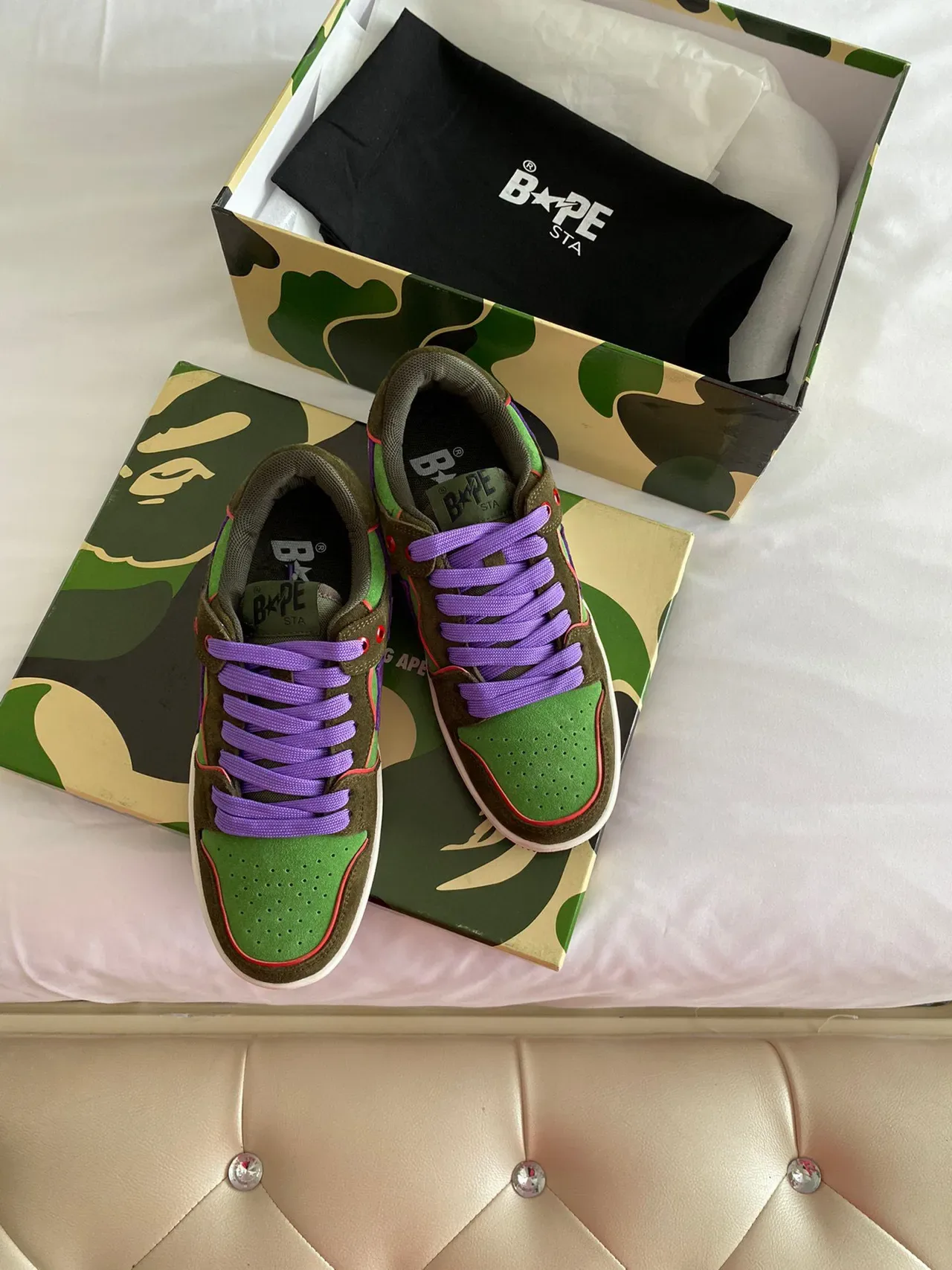 A Bathing Ape BAPE STA أخضر عسكري بنفسجي أحذية لايف ستايل جلد مصفف نسيج منخفض الارتفاع 8