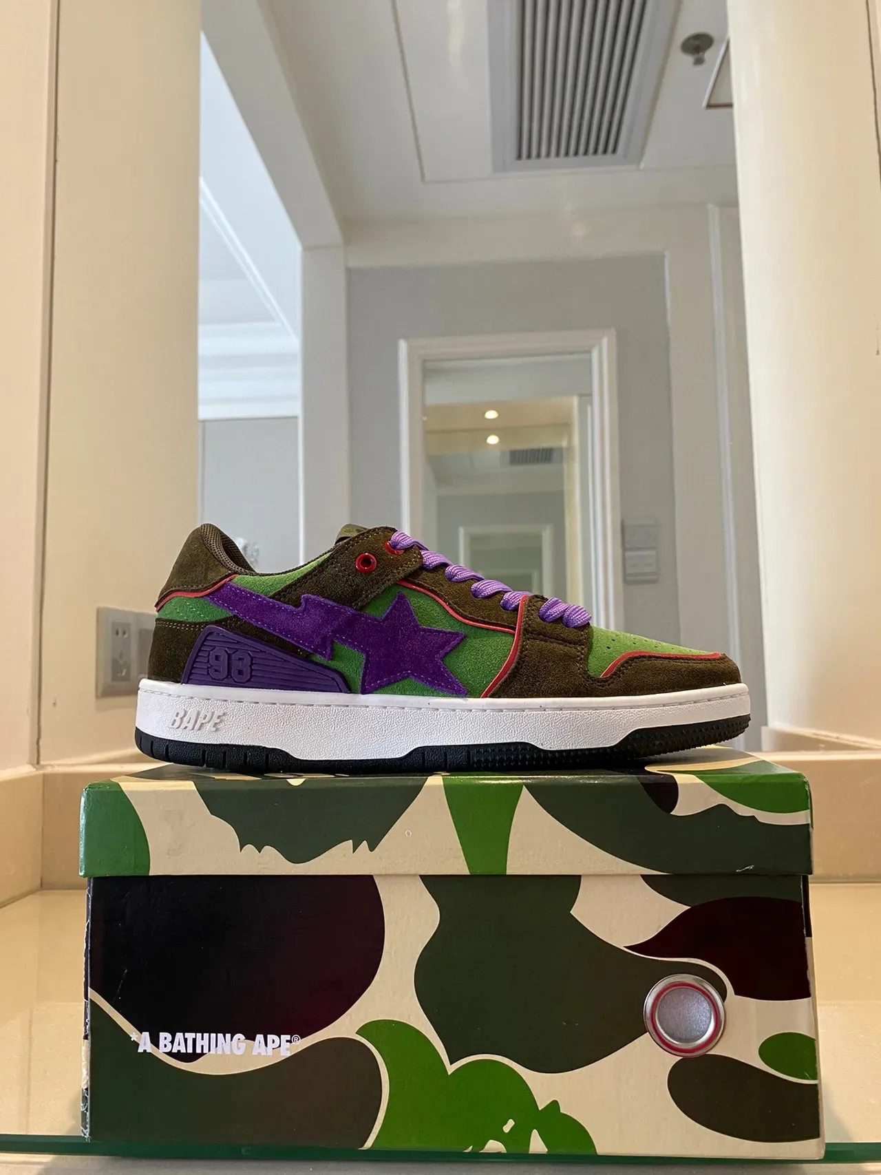 A Bathing Ape BAPE STA أخضر عسكري بنفسجي أحذية لايف ستايل جلد مصفف نسيج منخفض الارتفاع 9