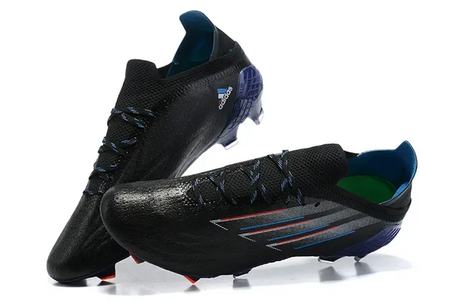 Adidas Sapatos de futebol preto e azul com cadarços assimétricos e upper sintético texturizado para terreno firme 2