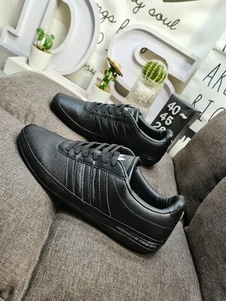 Adidas Black Smooth Leather Upper Three Parallel Side Stripes Lifestyle Sneakers 7