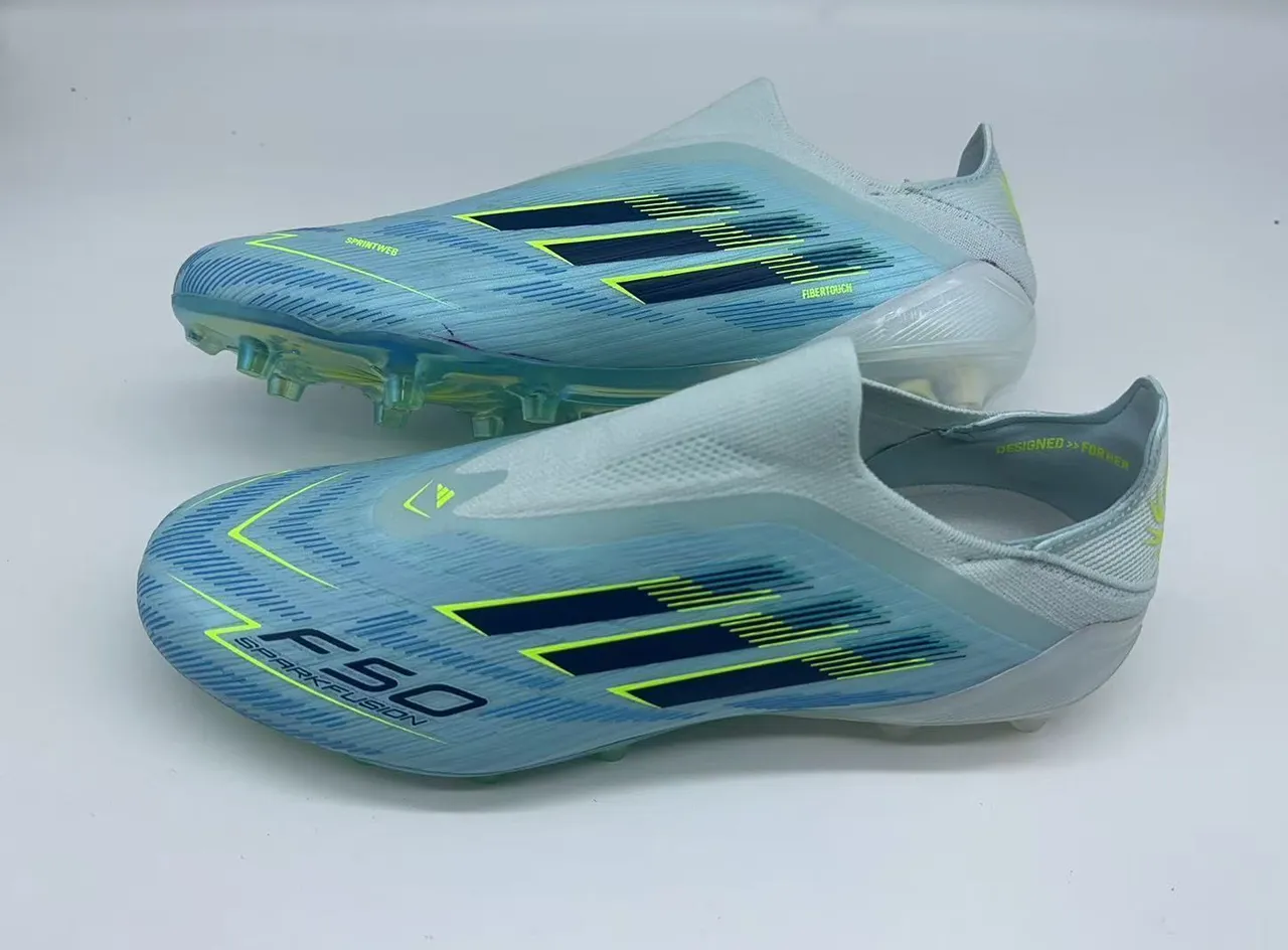 Adidas F50 Sparkfusion Azul claro neón verde terreno firme zapatillas de fútbol 2