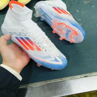 Adidas F50 White Blue High-Cut Knit Upper Gradient Stripe Detailing Firm-Ground Soccer Shoes