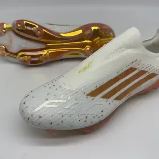 Adidas F50 Blanco Naranja Upper Ajuste a Calcetín Placa de Talón Oro Iridiscente Firm Ground Zapatos de Fútbol