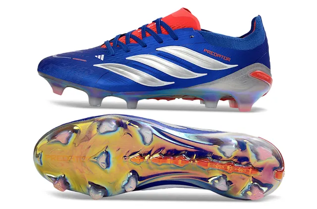 Adidas Predator Chaussures de football à empeine synthétique bleu argent trois bandes terrain ferme 6