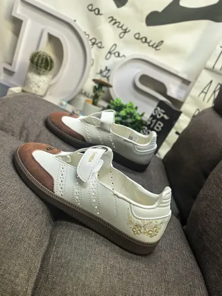 Adidas Samba OG أبيض بني ذهبي تطريز زهور أحذية رياضية أسلوب حياة 7