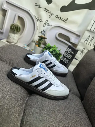 Adidas Samba White Black Slip-On Mule Three-Stripe Side Panel Loafer 9