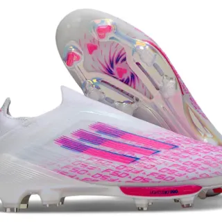 Adidas Chaussures de football blanches et roses coupe basse ajustement chaussette supérieure translucide moulé semelle sol ferme