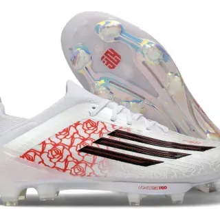 Adidas Zapatillas de Fútbol Blancos y Rojos con Upper Sintético, Gráfica Line-Art de Rosa, Firm-Ground