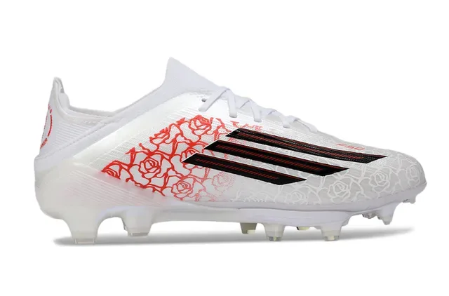 Adidas Sapatos de Futebol Brancos e Vermelhos com Upper Sintético, Gráfica de Linha Artística Rosa, Firm-Ground 7