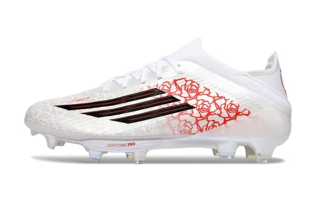 Adidas Sapatos de Futebol Brancos e Vermelhos com Upper Sintético, Gráfica de Linha Artística Rosa, Firm-Ground 8