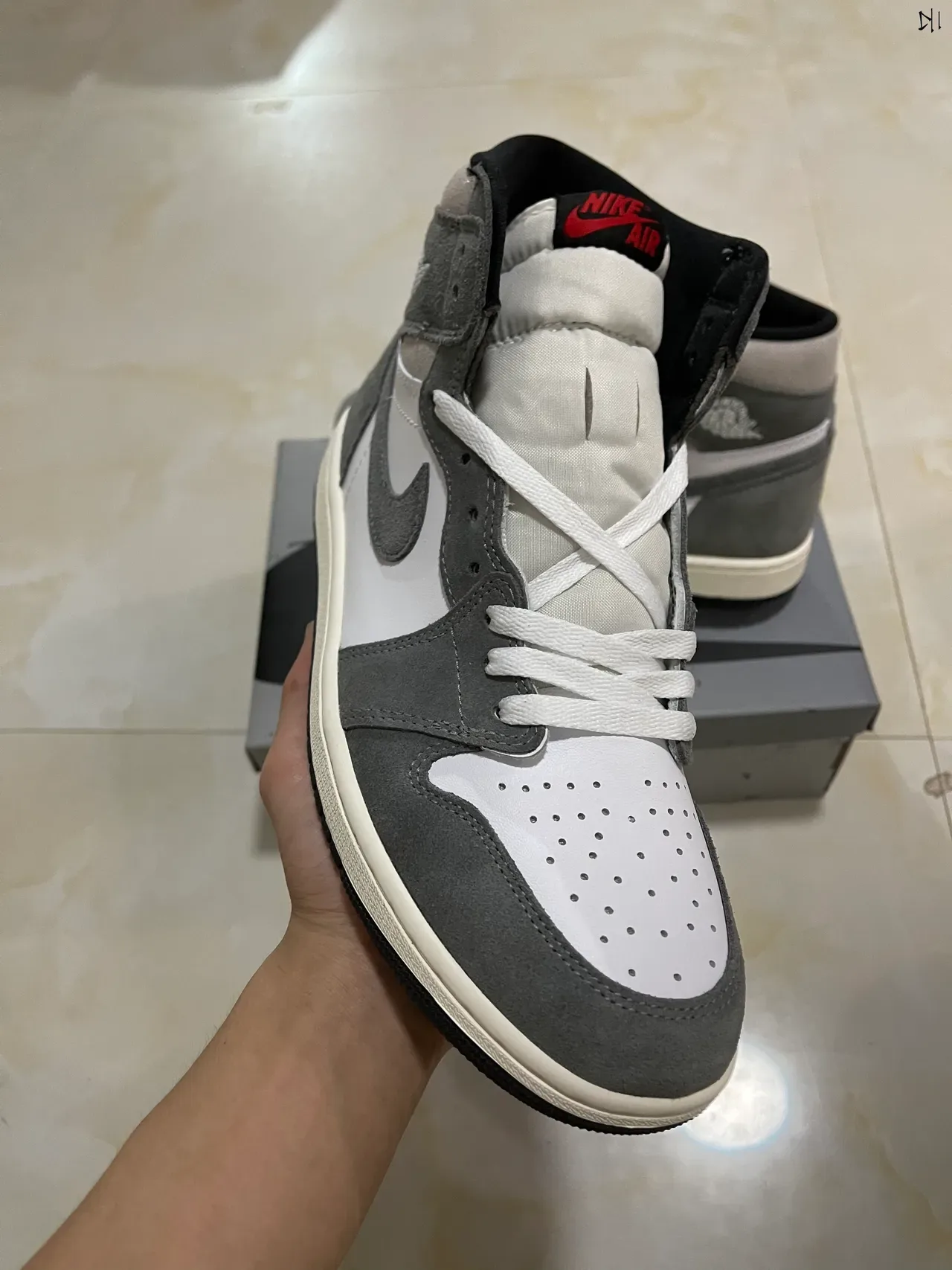 Air Jordan 1 High Top White and Gray Suede Basketball Shoes 2