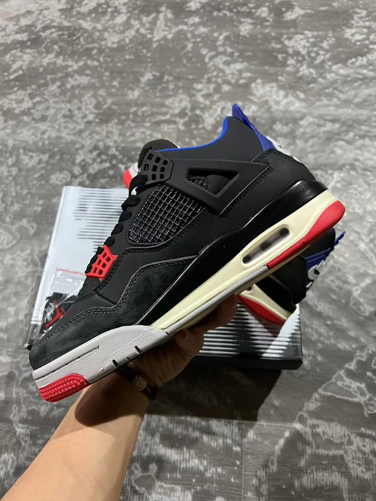 Tênis de basquete Air Jordan 4 preto azul royal vermelho 5
