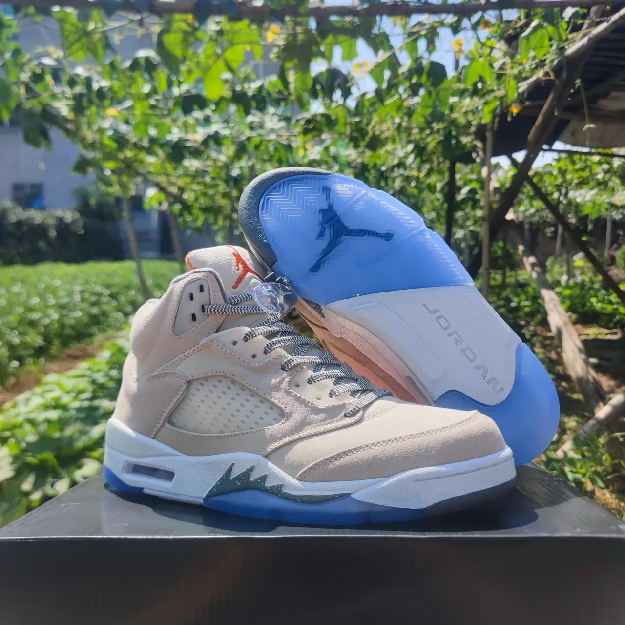 Air Jordan 5 বেইজ এবং নীল বাস্কেটবল জুতো 4