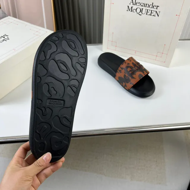 Alexander McQueen Black Multicolor Embossed Logo Abstract Camo Print Strap Slippers 2