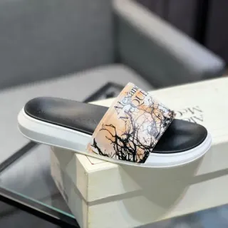 Alexander McQueen Slide Black White Wide Transparent Strap Branch Print Slippers