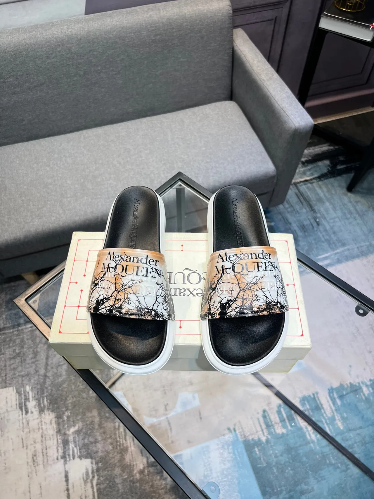 Alexander McQueen Slide Black White Wide Transparent Strap Branch Print Slippers 2