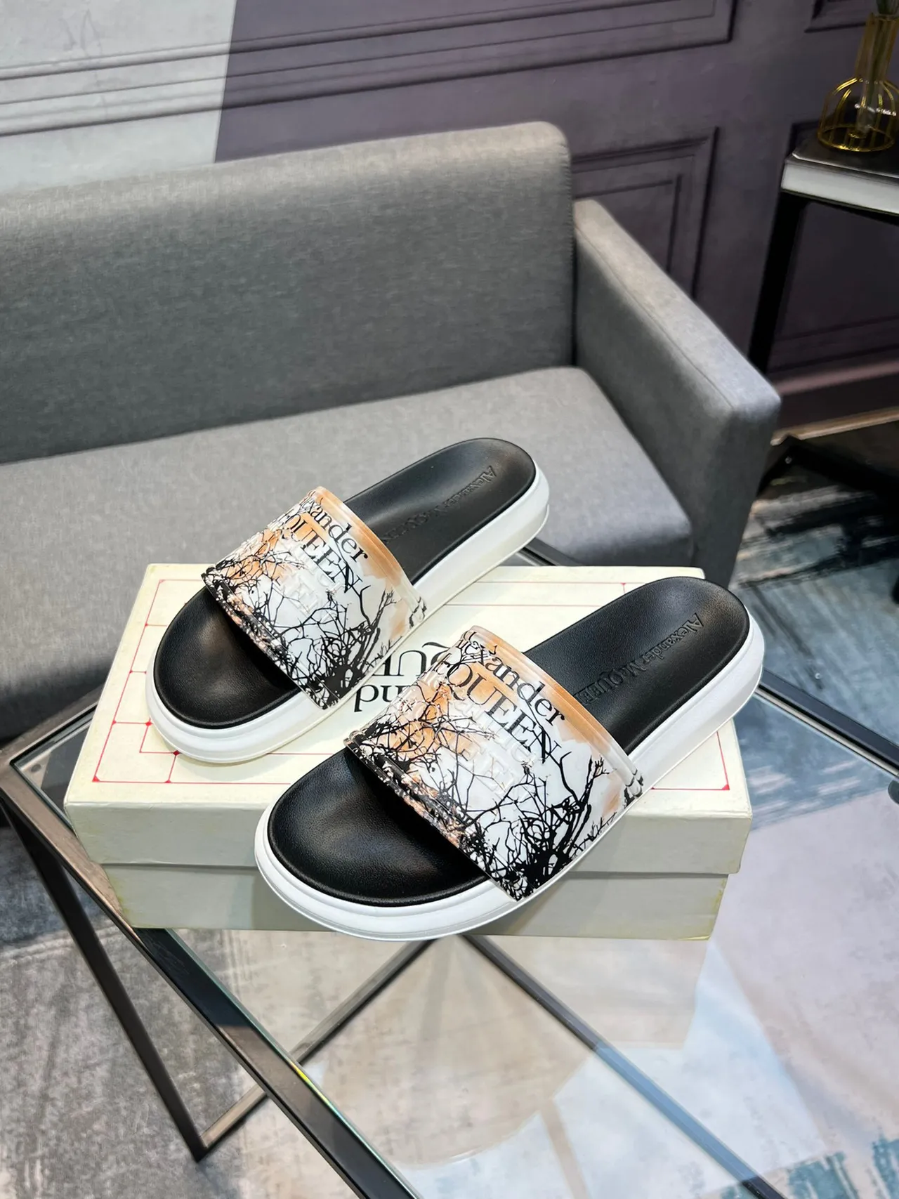 Alexander McQueen Slide Black White Wide Transparent Strap Branch Print Slippers 3