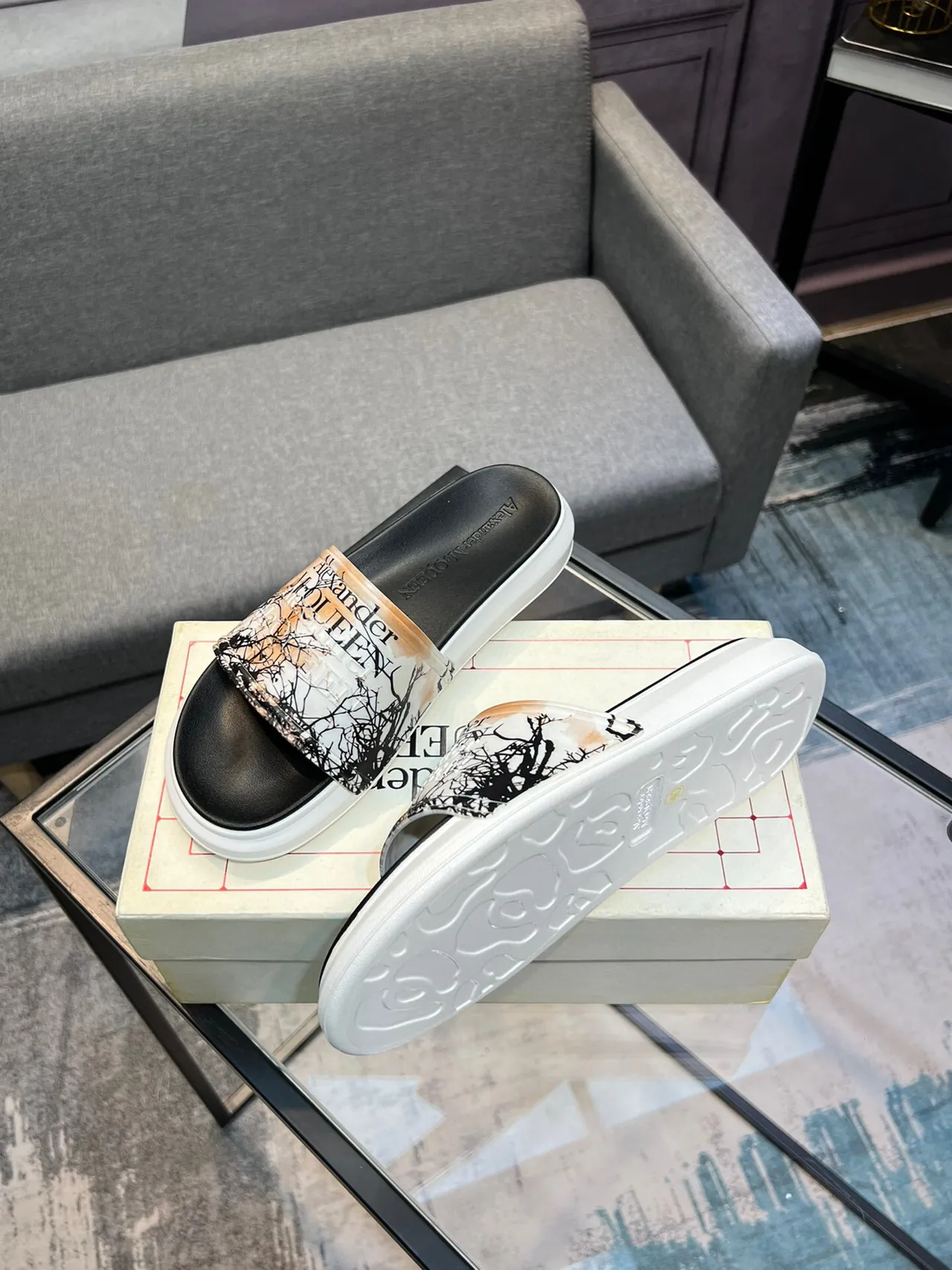 Alexander McQueen Slide Black White Wide Transparent Strap Branch Print Slippers 4