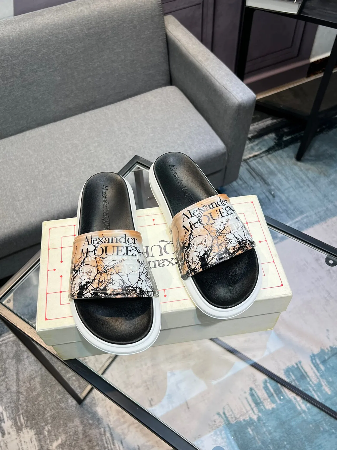 Alexander McQueen Slide Black White Wide Transparent Strap Branch Print Slippers 5
