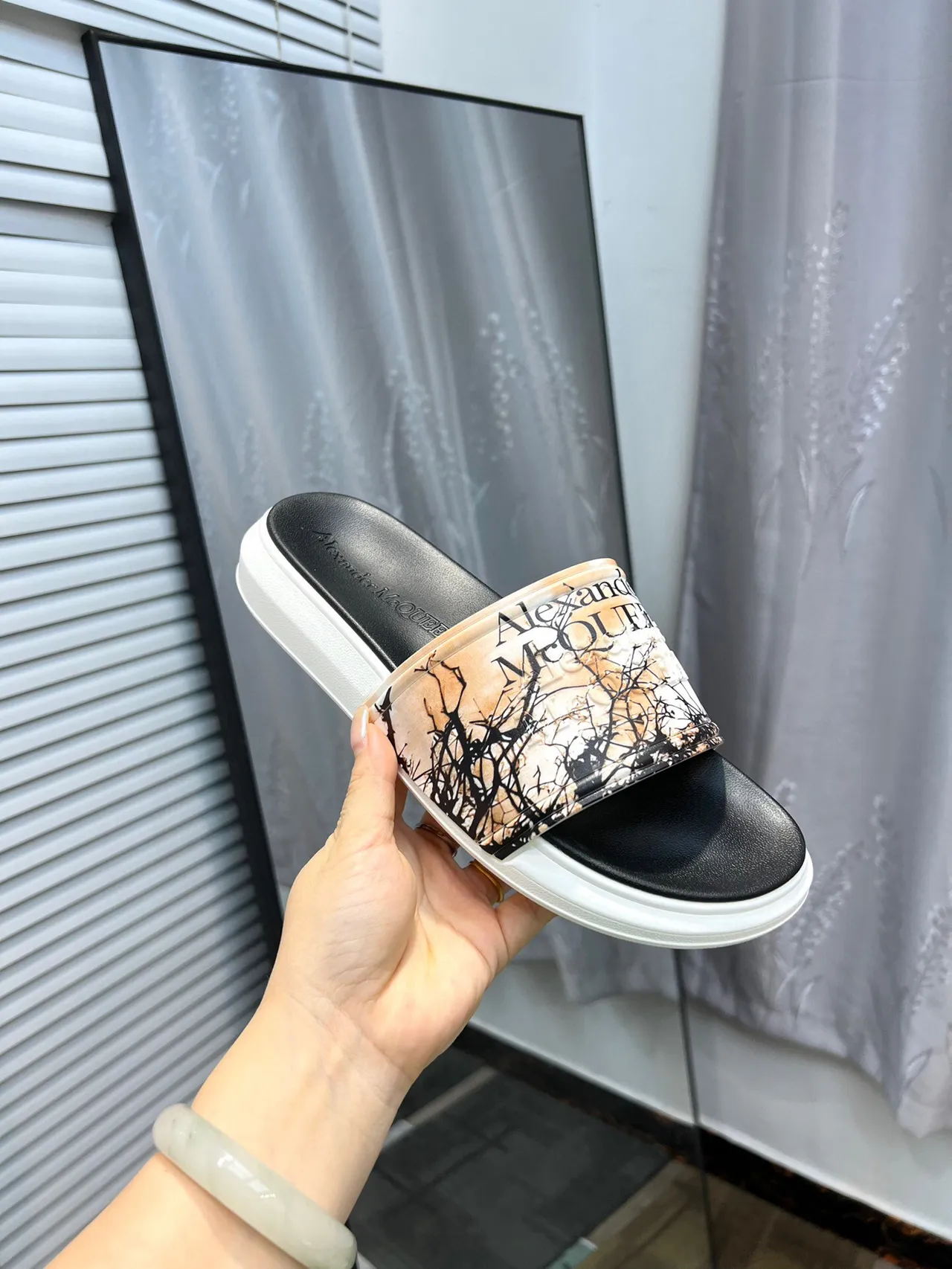 Alexander McQueen Slide Black White Wide Transparent Strap Branch Print Slippers 6