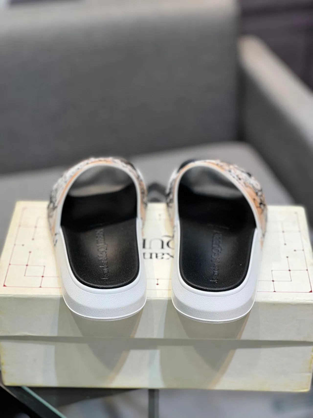 Alexander McQueen Slide Black White Wide Transparent Strap Branch Print Slippers 8