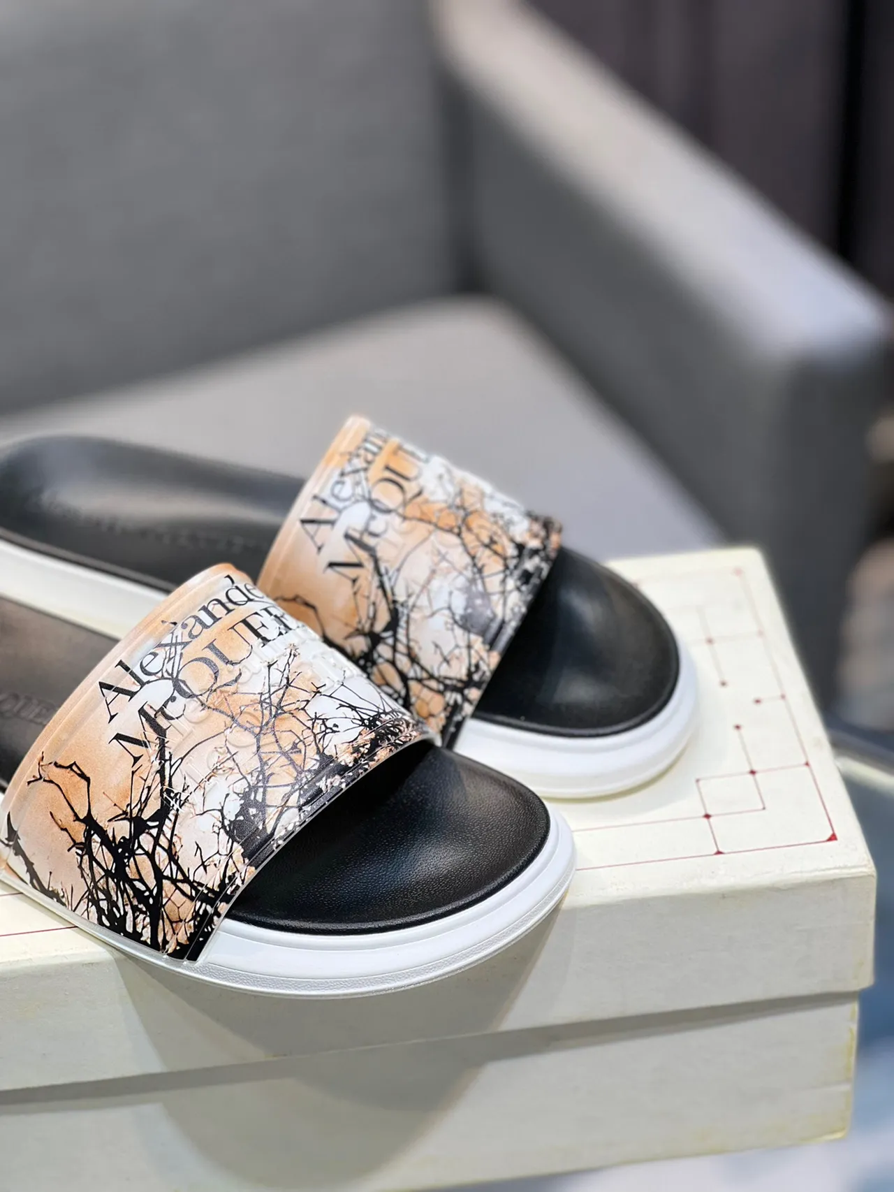 Alexander McQueen Slide Black White Wide Transparent Strap Branch Print Slippers 9