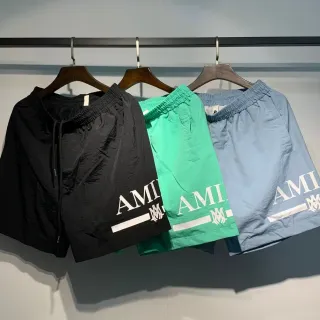 AMI Paris Black Green Lightweight Synthetic Fabric Side Logo Print Shorts