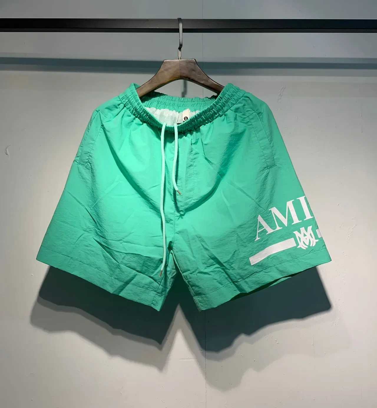 AMI Paris Black Green Lightweight Synthetic Fabric Side Logo Print Shorts 5