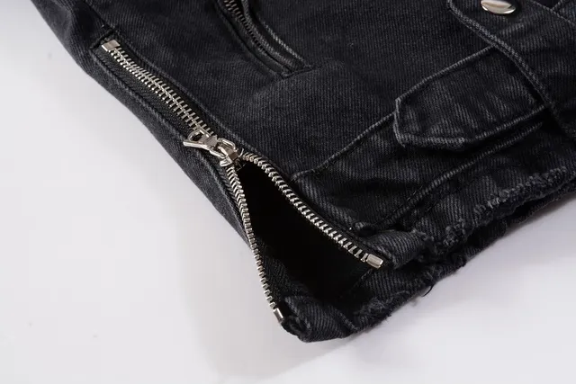 Amiri Black Asymmetrical Zip Snap-Button Epaulets Denim Jacket 4