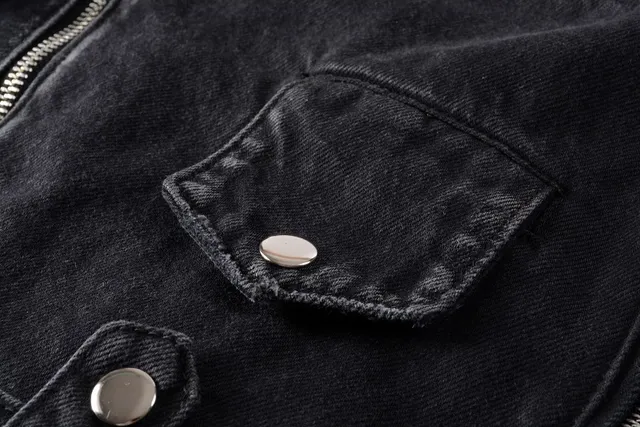 Amiri Black Asymmetrical Zip Snap-Button Epaulets Denim Jacket 6