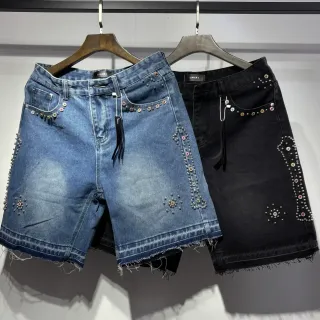 Amiri Embellished Rhinestone Pearl Denim Shorts