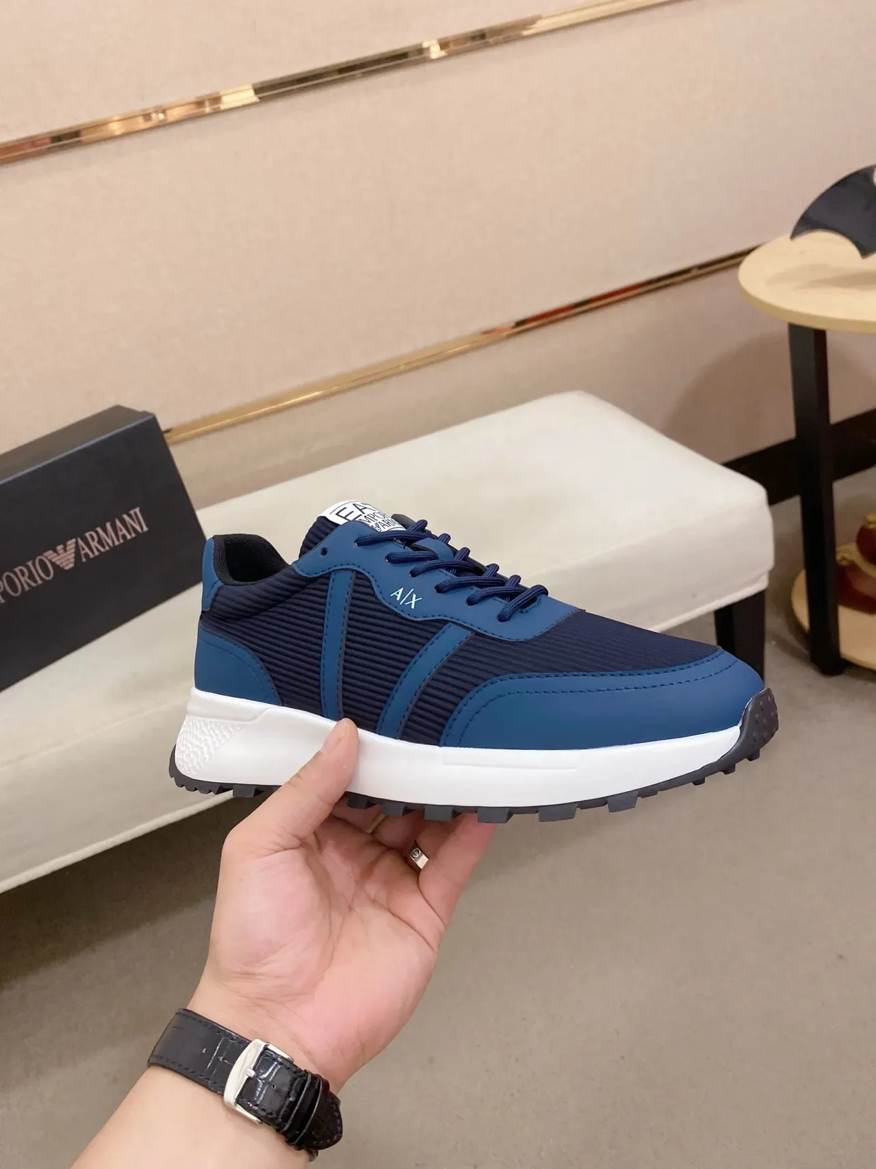 Armani Exchange Navy White Ribbed Textile Upper Contrasting Blue Panels Sneakers 5