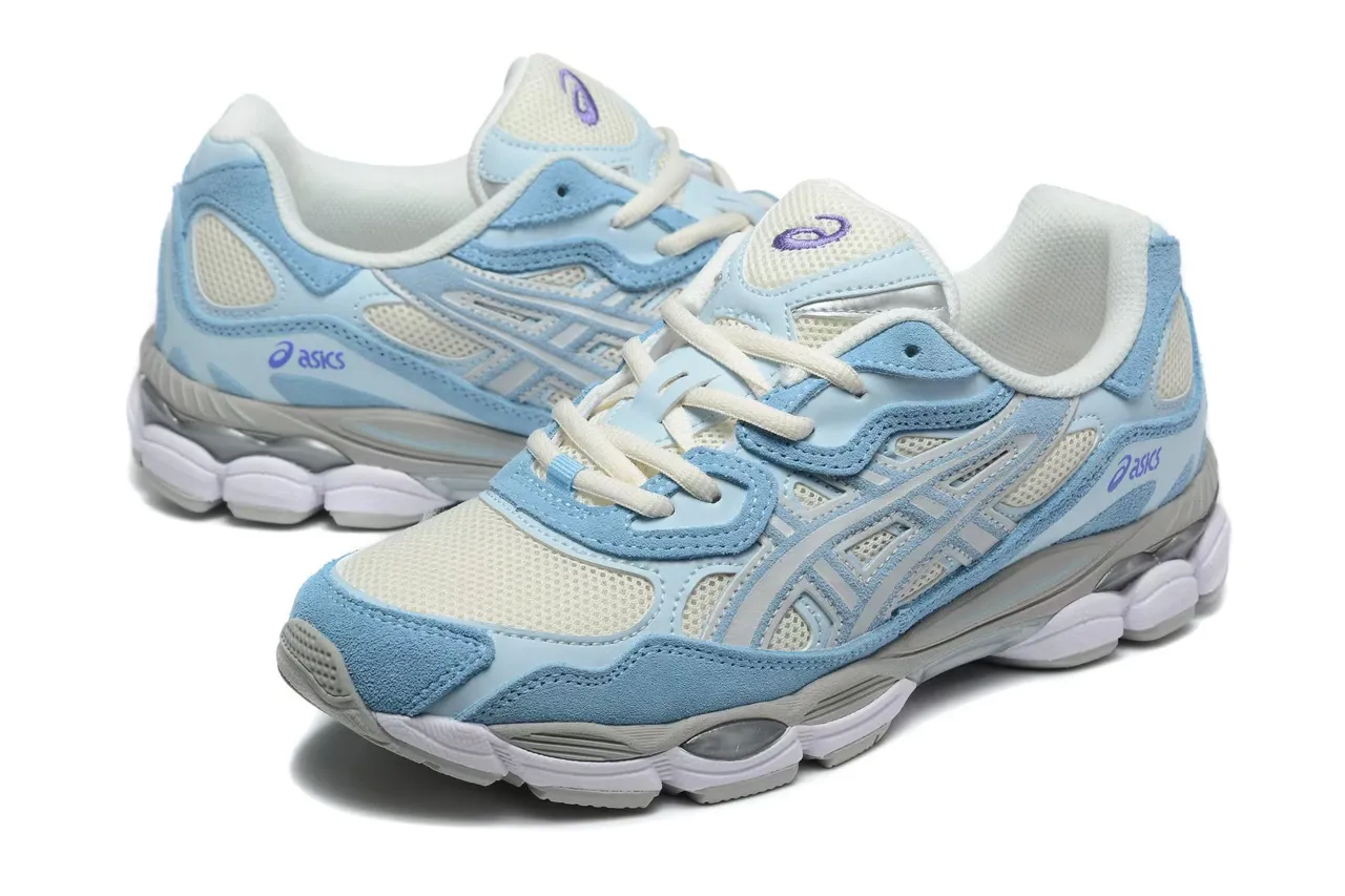 ASICS 蓝白 轻质麂皮和网面鞋面 灰色虎纹笼叠层跑鞋 3