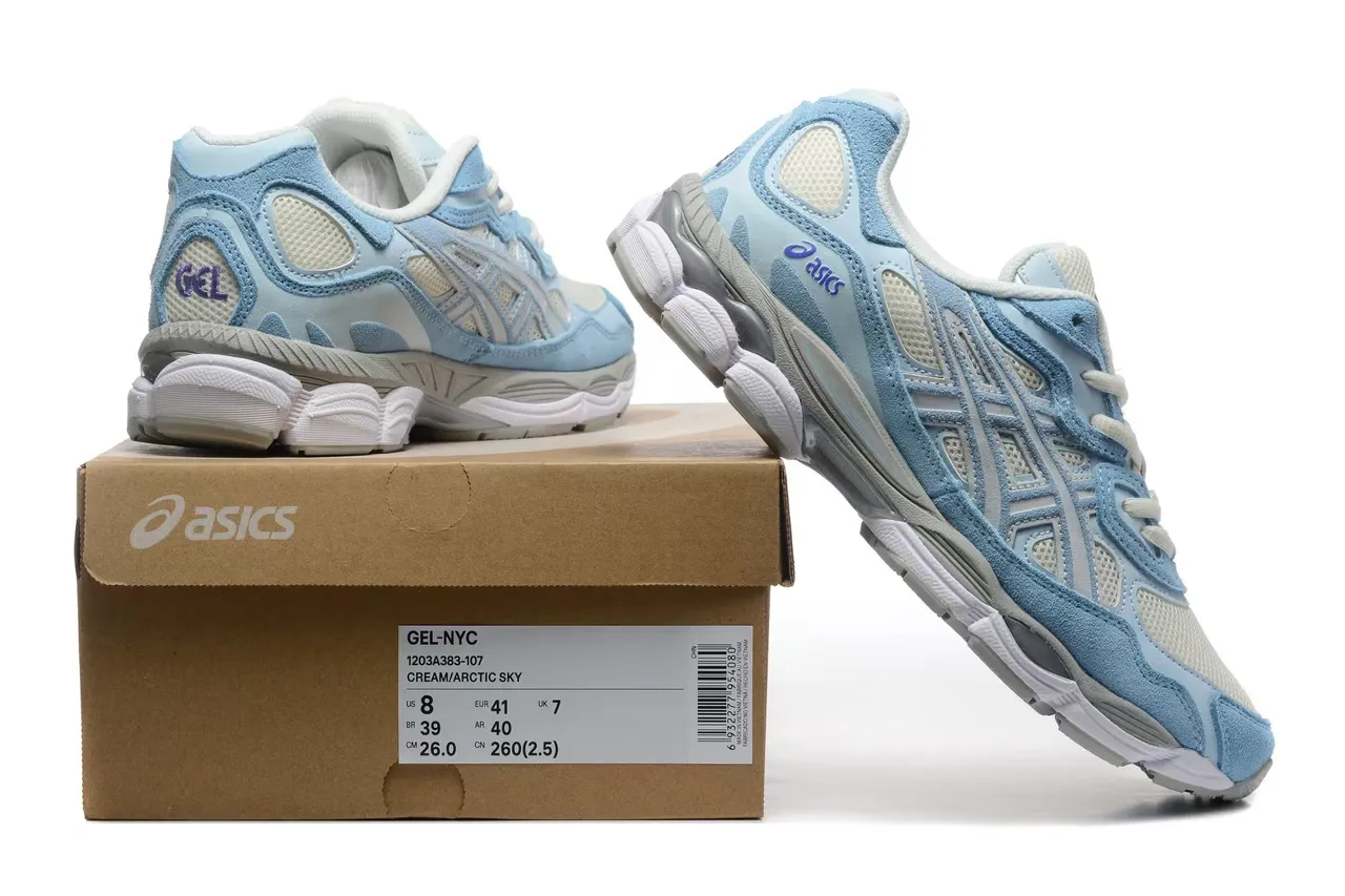 ASICS 蓝白 轻质麂皮和网面鞋面 灰色虎纹笼叠层跑鞋 6