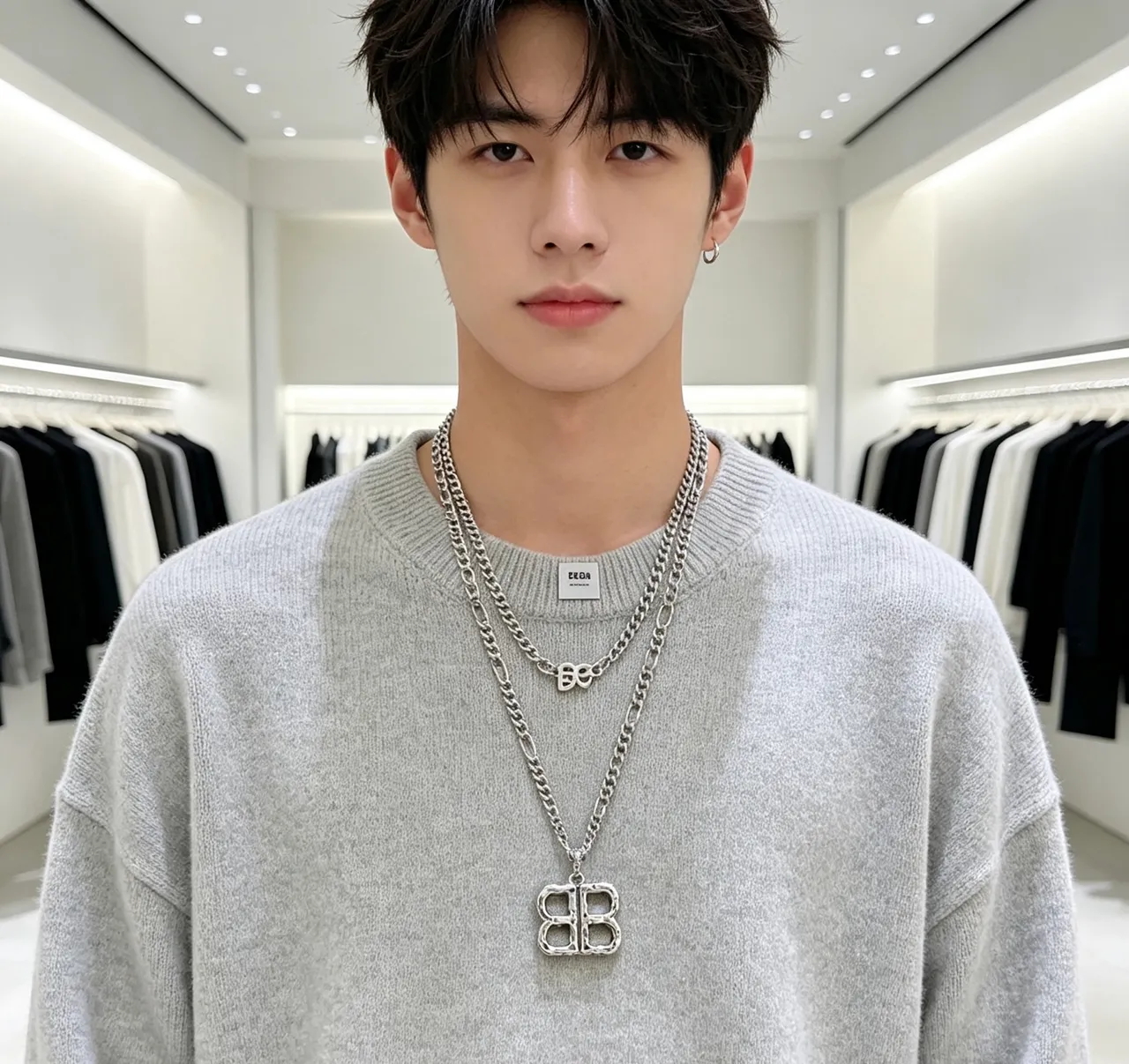 Balenciaga BB and B Pendant রূপালি ধূসর হ্যামার্ড মেটাল ফিনিশ ফিগারো চেইন নেকলেস 3