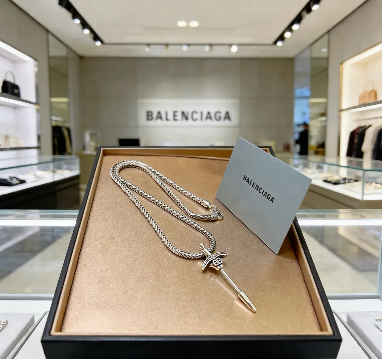 Collier Balenciaga BB Dagger Argent Bleu Chaîne Tressée Monogramme 3
