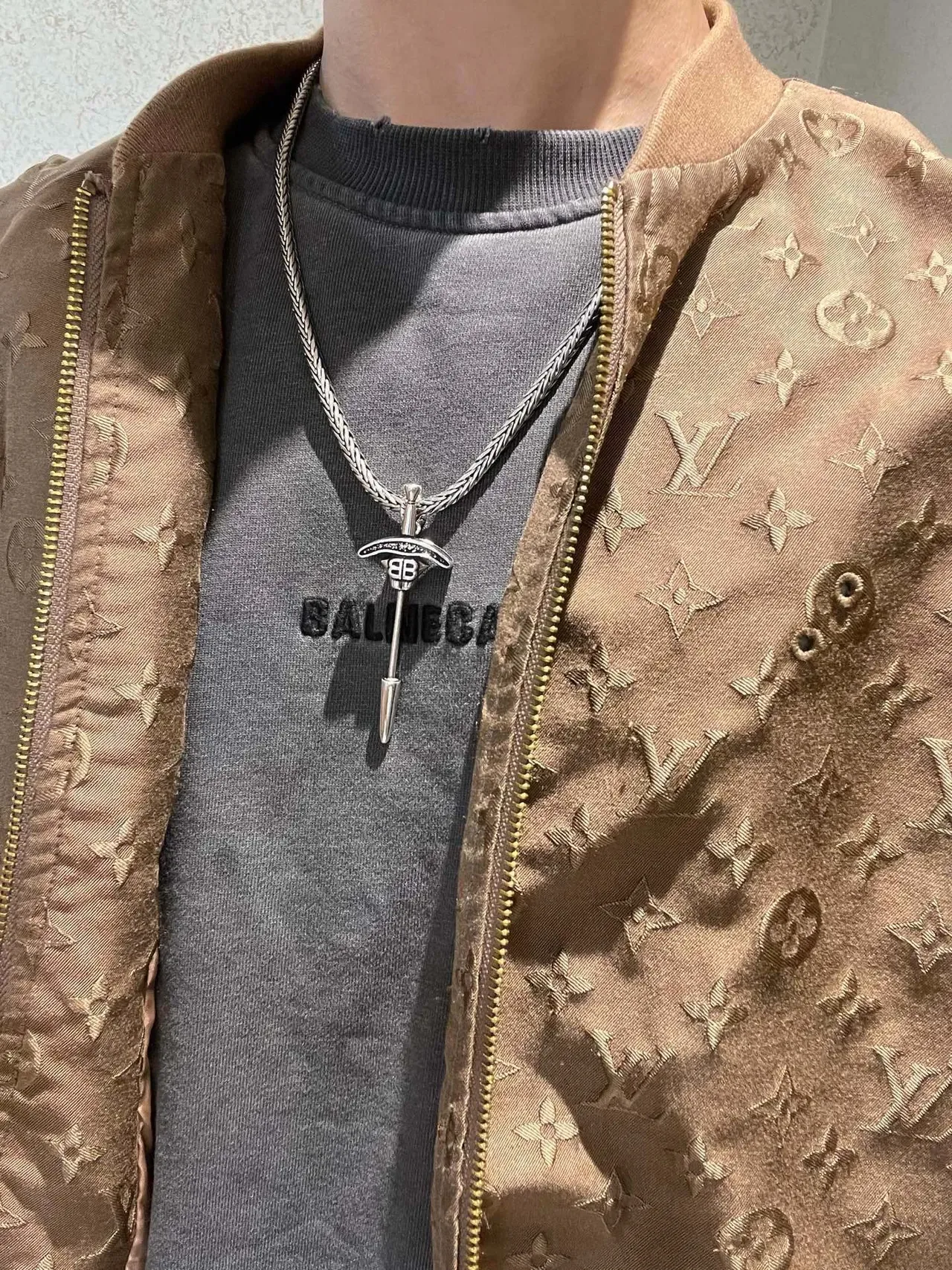 Collier Balenciaga BB Dagger Argent Bleu Chaîne Tressée Monogramme 8