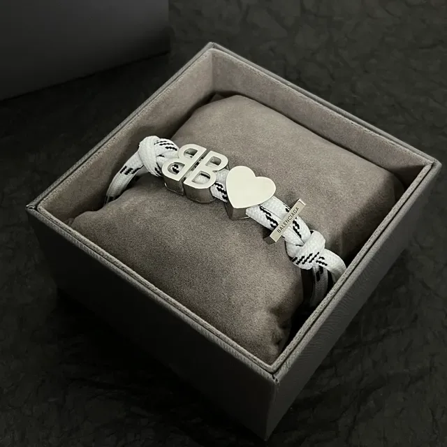 Balenciaga BB Heart Rope White Silver Construction Logo Charm Bracelet 3