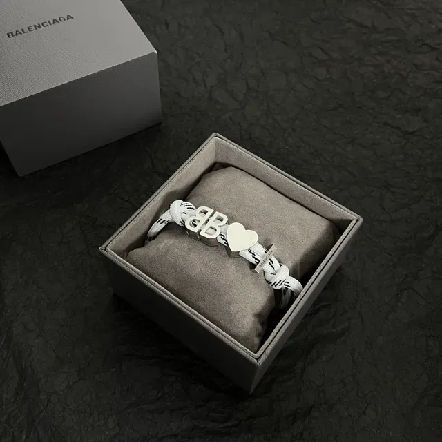 Balenciaga BB Heart Rope White Silver Construction Logo Charm Bracelet 4