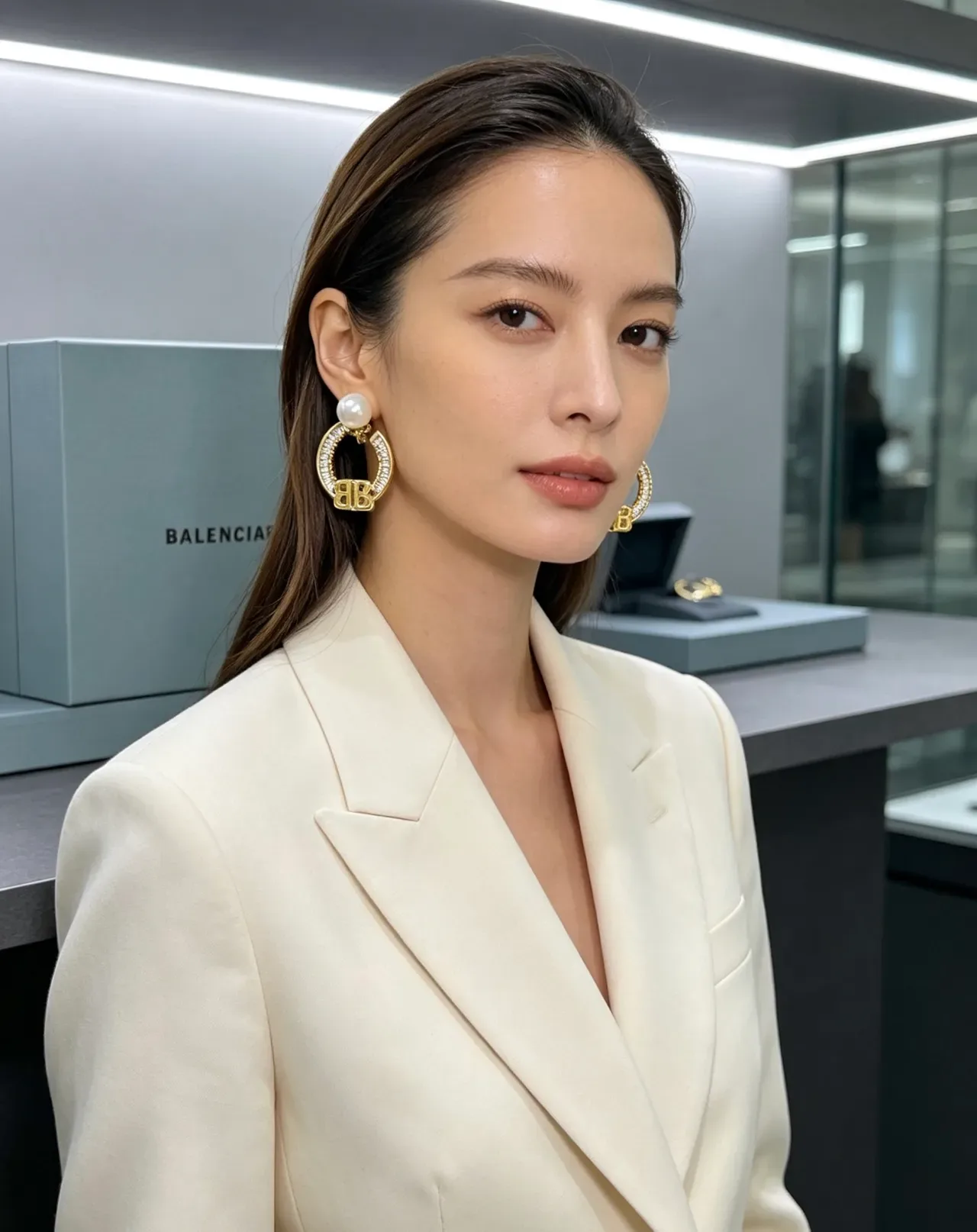 Balenciaga BB Hoop Pearl and Crystal Earrings 2