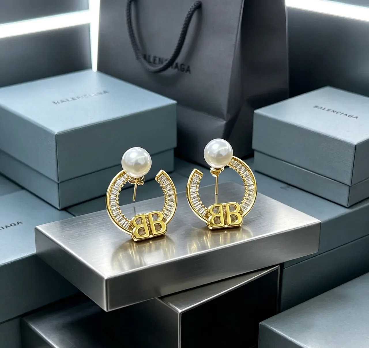 Balenciaga BB Hoop Pearl and Crystal Earrings 3