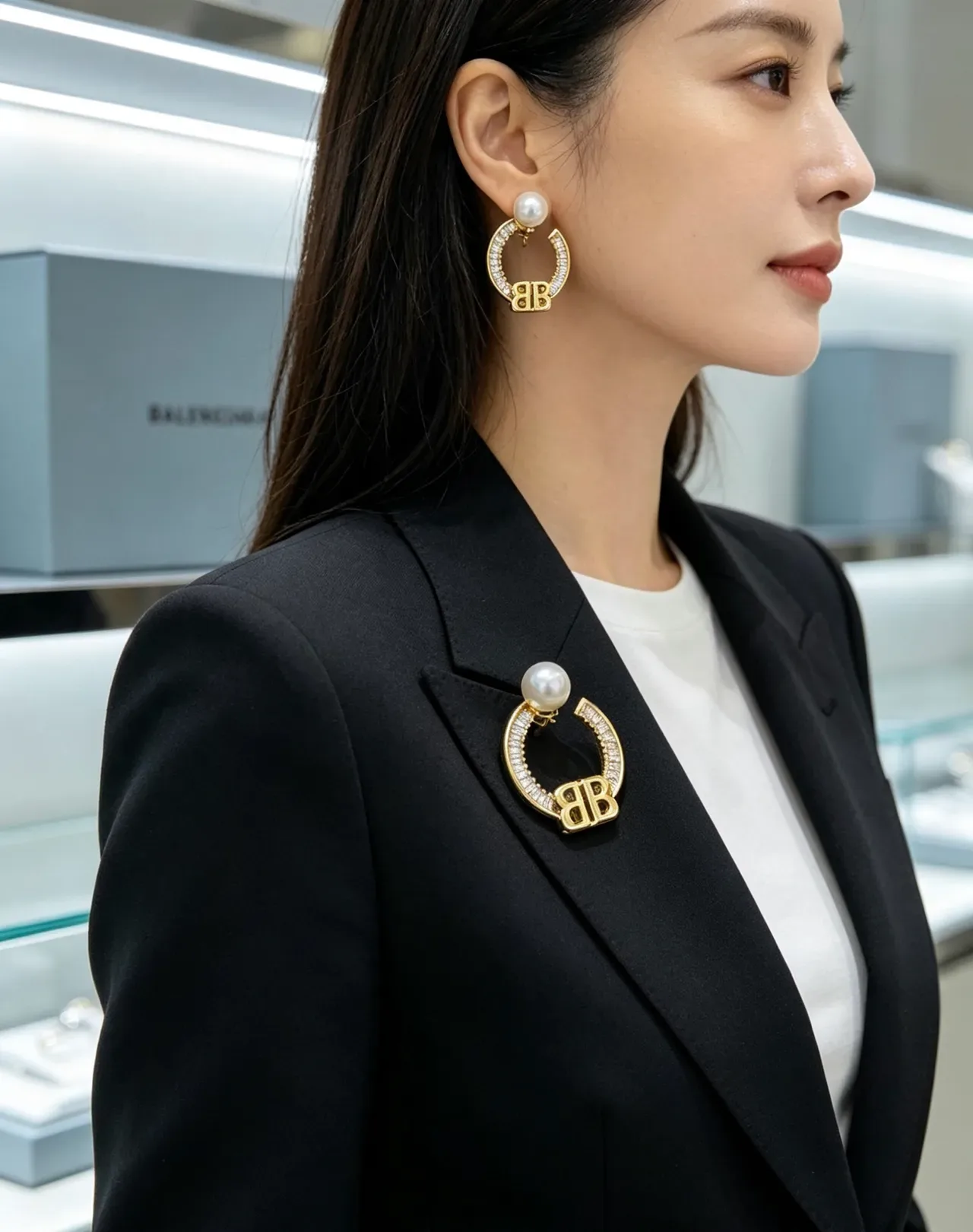 Balenciaga BB Hoop Pearl and Crystal Earrings 5