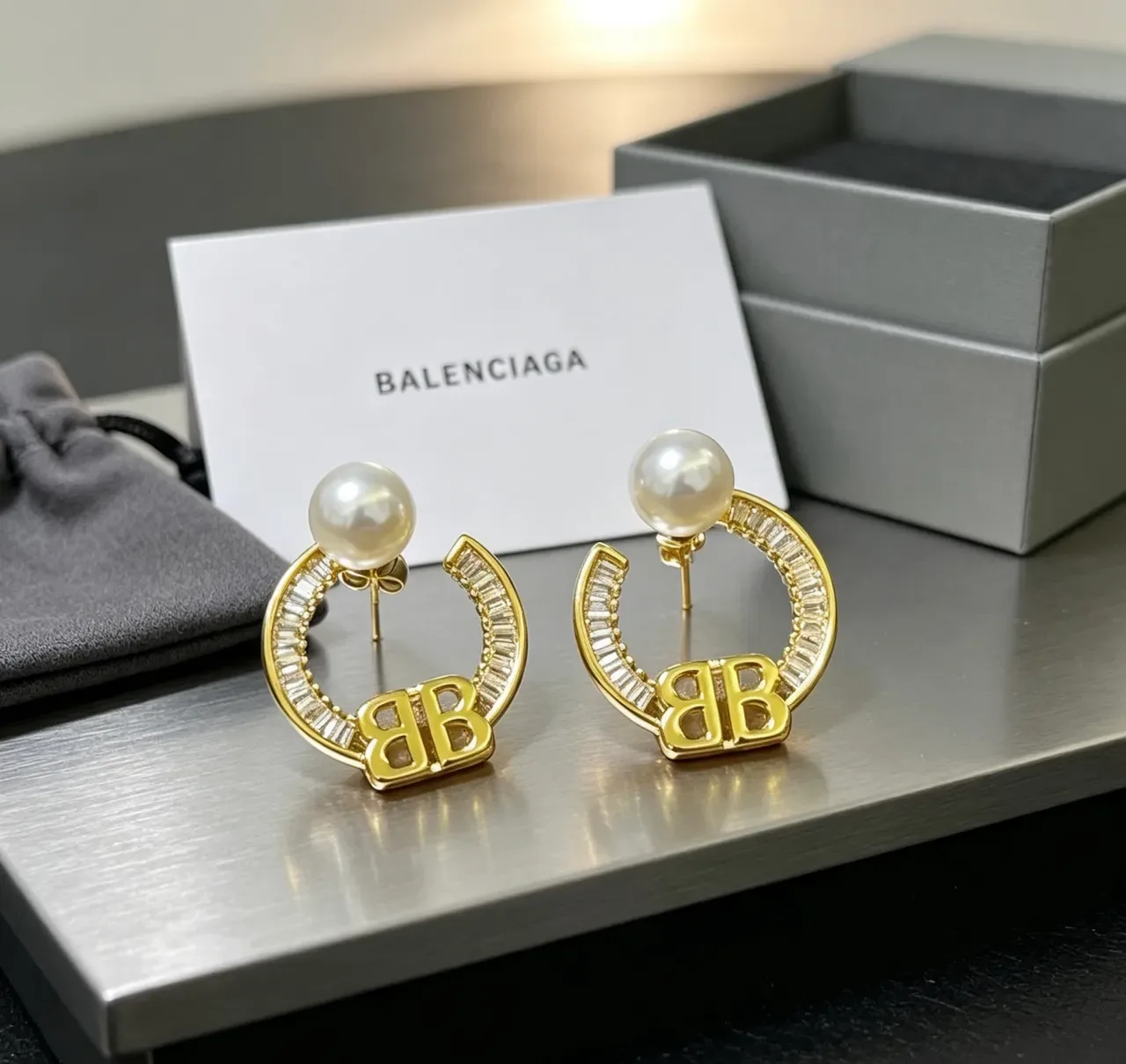 Balenciaga BB Hoop Pearl and Crystal Earrings 6