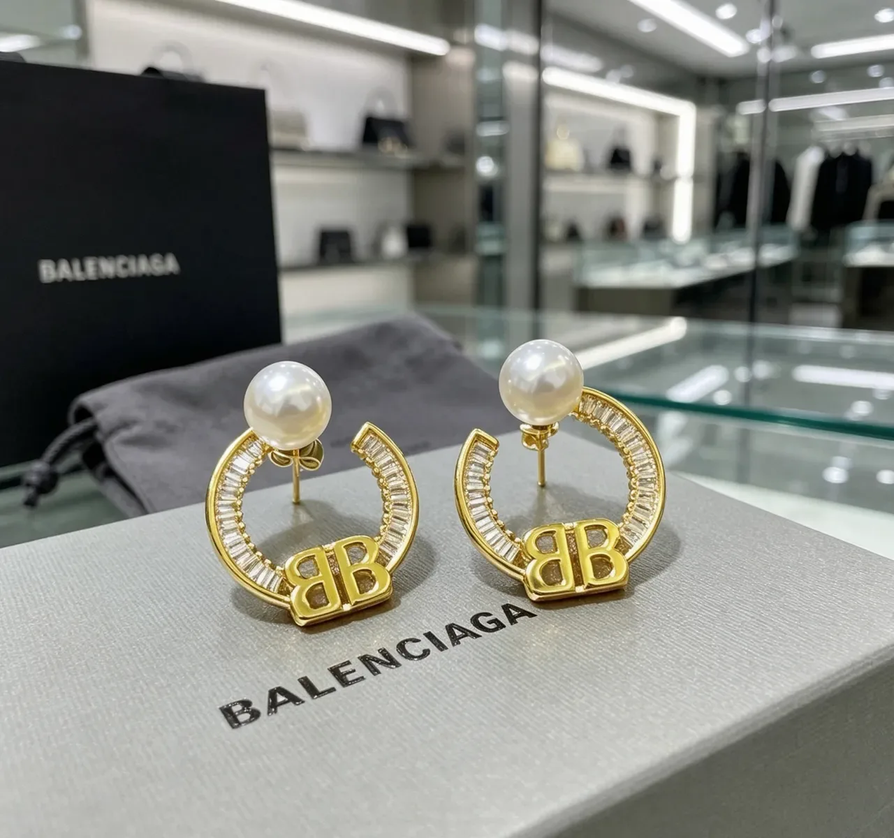 Balenciaga BB Hoop Pearl and Crystal Earrings 7